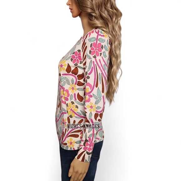 Talbots Petites Merino Wool Sweater S Spring Floral Retro Mod Print Lightweight - Picture 3 of 9